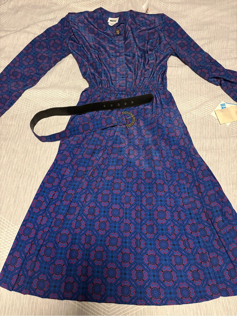 Leslie Fay Vintage Blue & Purple Floral-Print Long Sleeve Dress